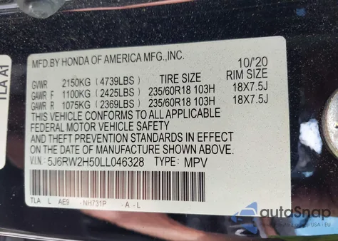 2020 Honda Cr-V Ex from USA, damaged, VIN 5J6RW2H50LL046328